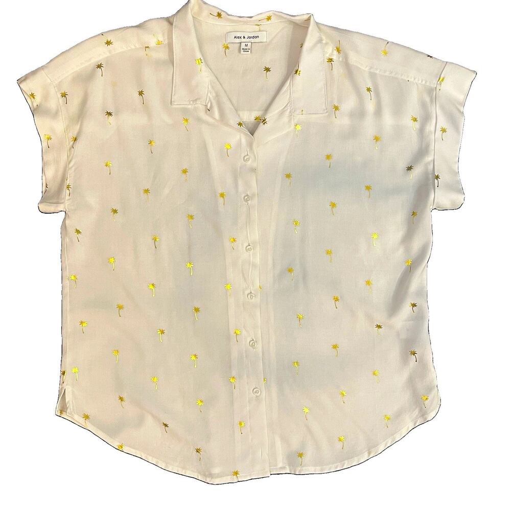 Alex & Jordan White Gold Palm Tree Collared Button-Up Cap Sleeve Blouse M - Picture 2 of 10